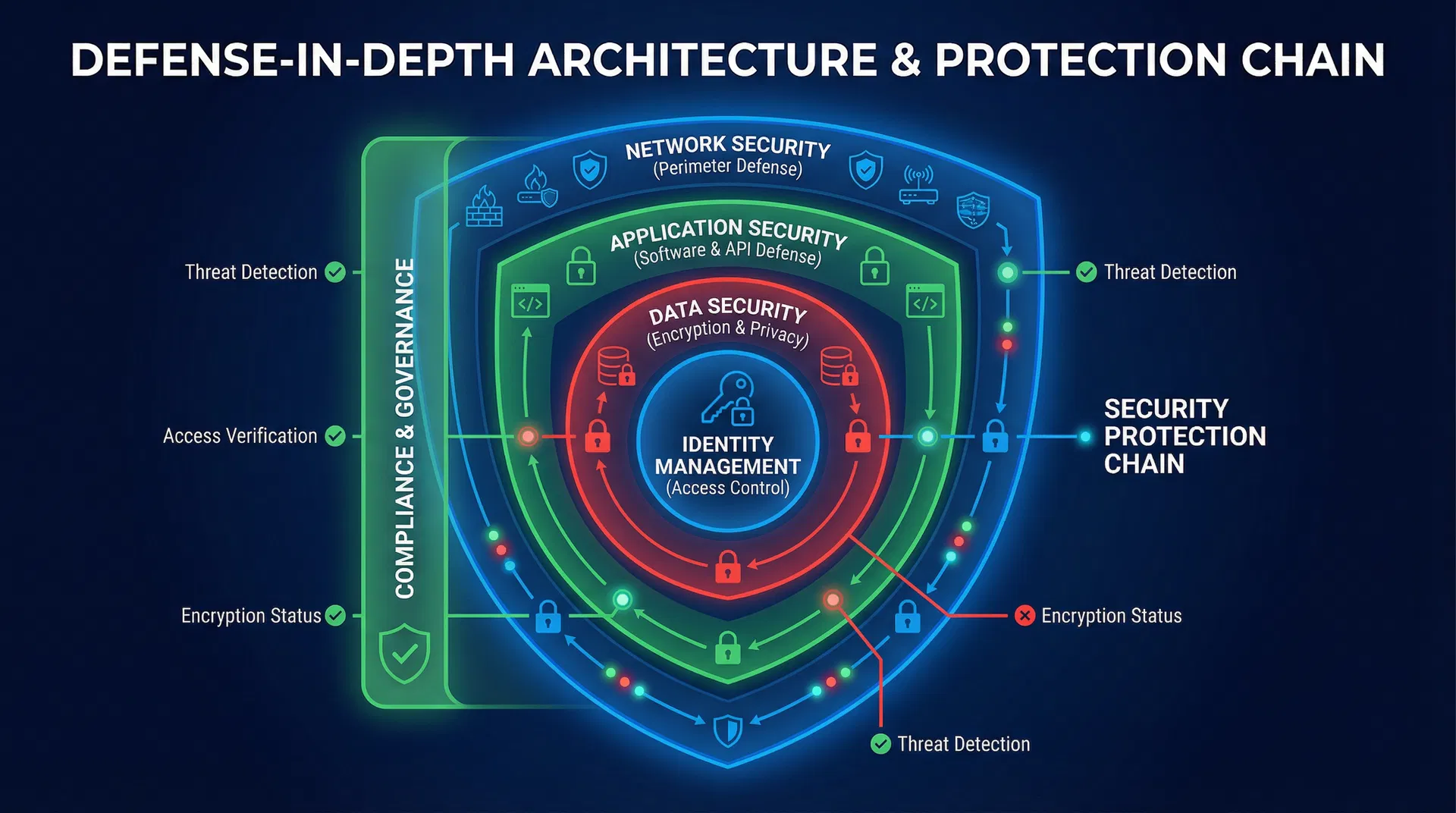 深度防禦安全防護鏈路架構圖,展示網絡安全、應用安全、數據安全、身份管理和合規性的多層防護機制
