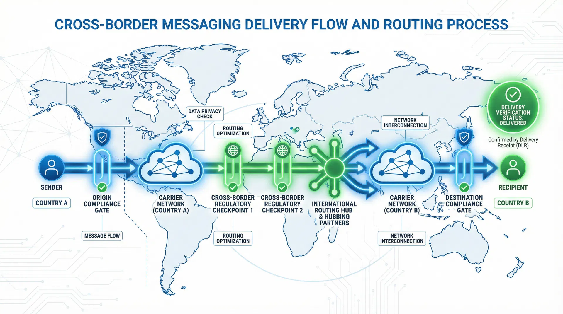 跨境訊息傳遞流程和路由示意圖,展示通過多個國家、合規性檢查點、運營商網絡和交付驗證的消息流程
