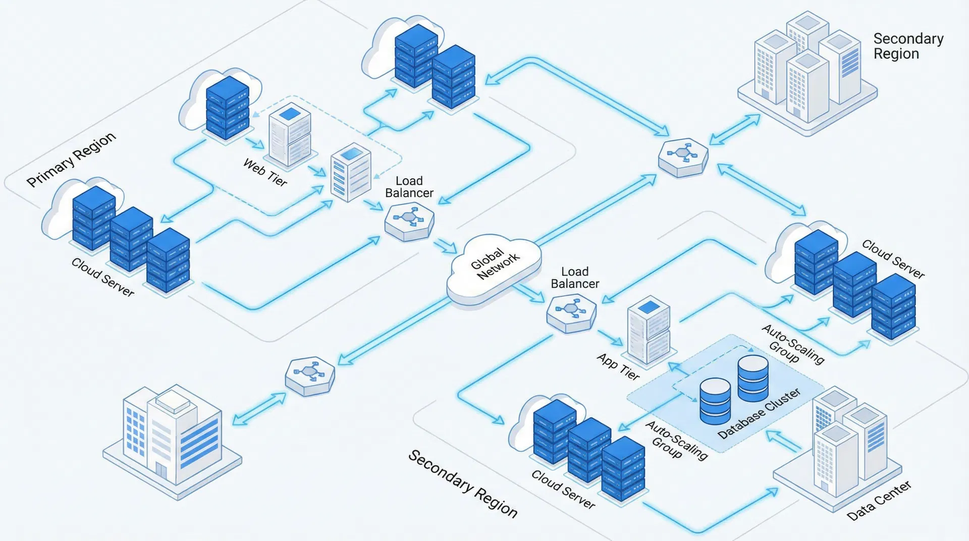 分布式云计算架构,展示多个云服务器、数据中心、负载均衡器和网络连接的高可用性基础设施