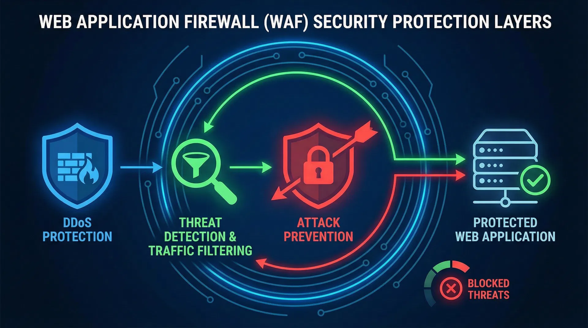 Web 应用防火墙 (WAF) 安全防护层架构,展示 DDoS 防护、威胁检测、流量过滤和攻击防止的多层防护机制