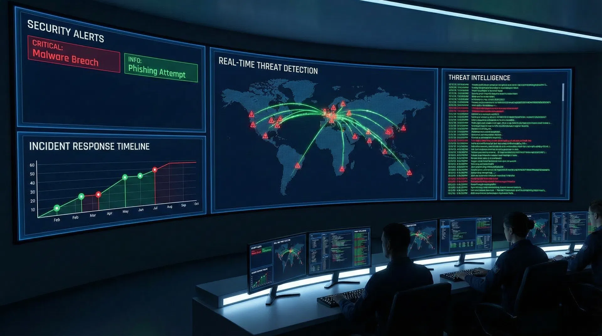 MDR SOC (托管检测和响应安全运营中心) 监控仪表板,展示实时威胁检测、安全警报、事件响应时间线和威胁情报