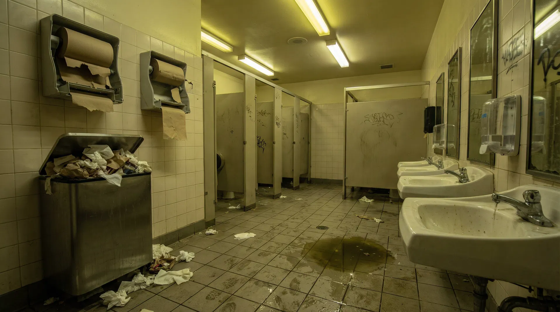 Neglected high-traffic washroom with overflowing bins, empty dispensers, and water on the floor