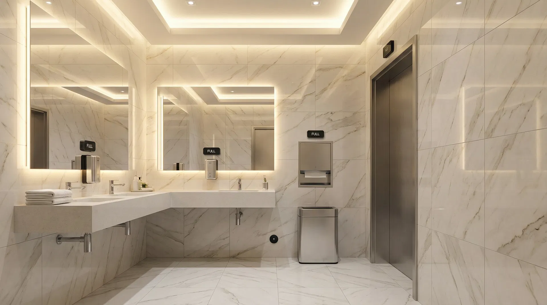 Modern smart washroom with IoT sensors monitoring dispensers, waste bins, and leak detection