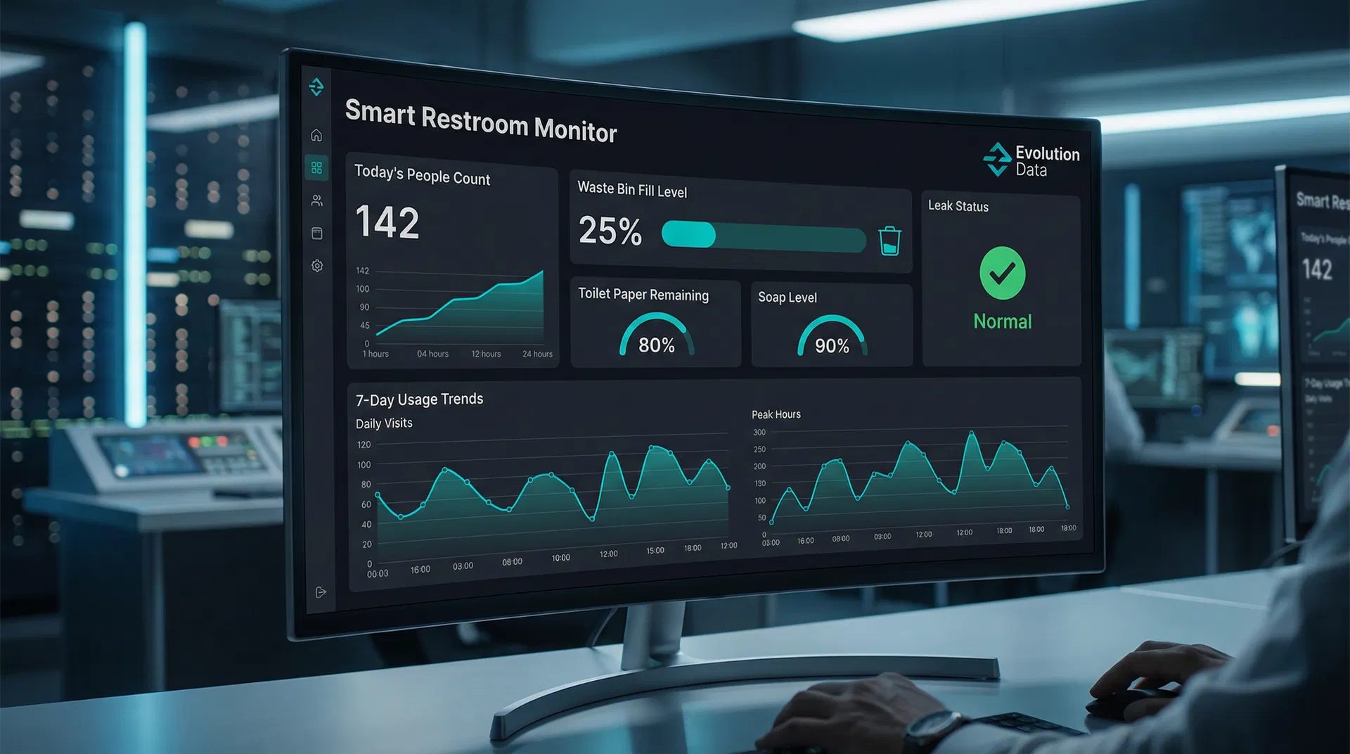 Evolution Data Smart Washroom monitoring dashboard showing real-time sensor data