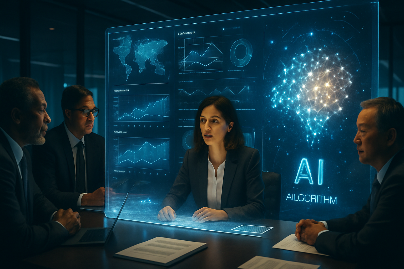 経営企画の会議室でAIが未来の戦略を示しているイメージ