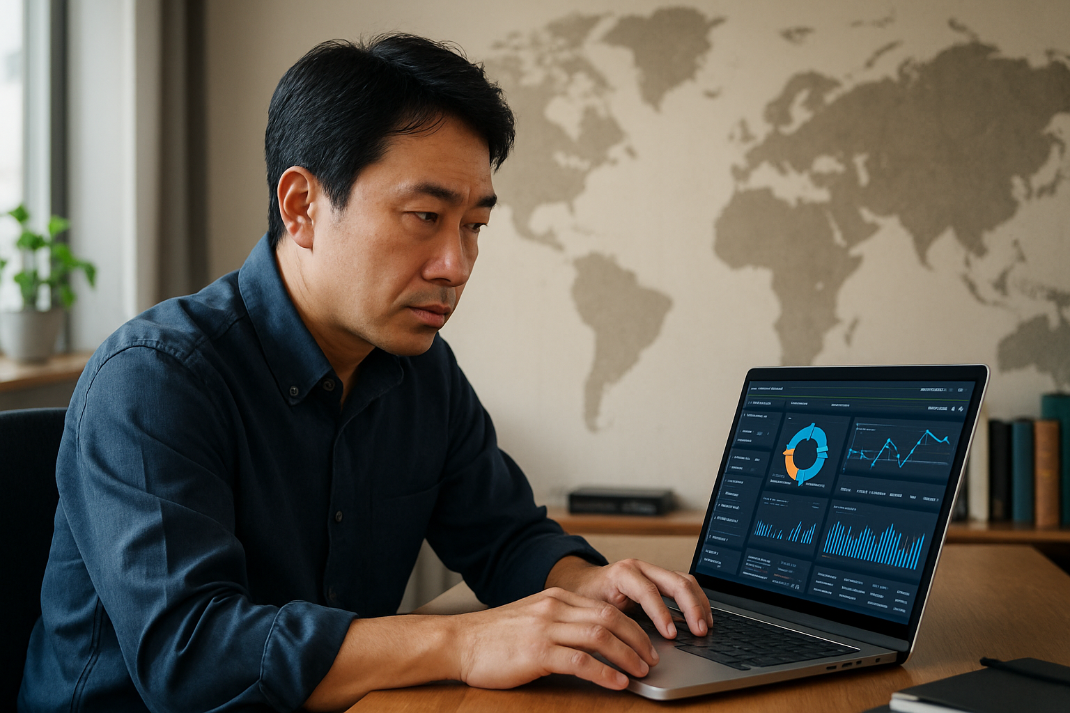 データダッシュボードを見つめる駐在員のイメージ