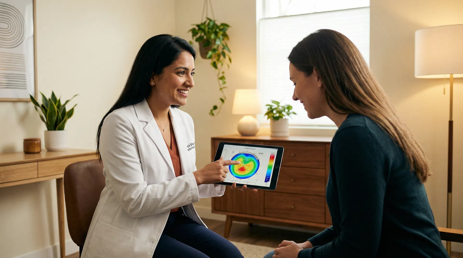 Doctor explaining corneal topography to a patient