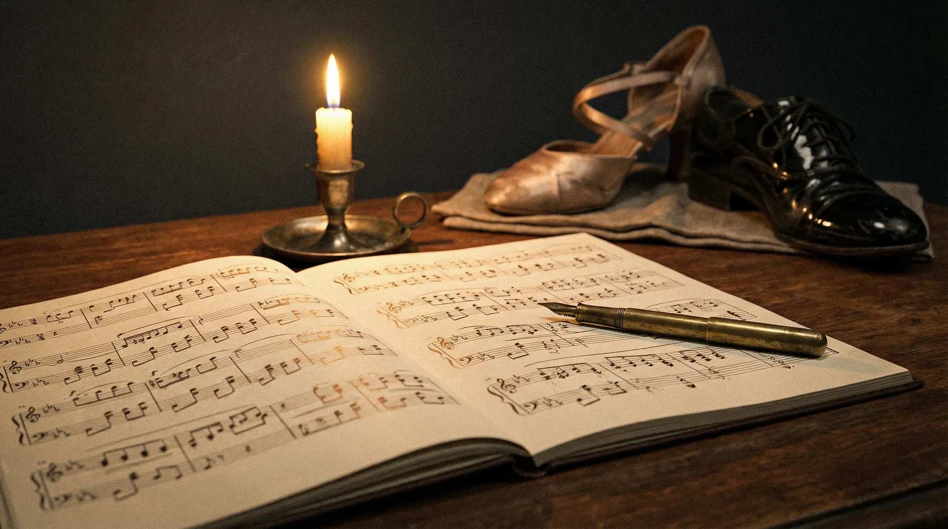 Sheet music and dance shoes by candlelight