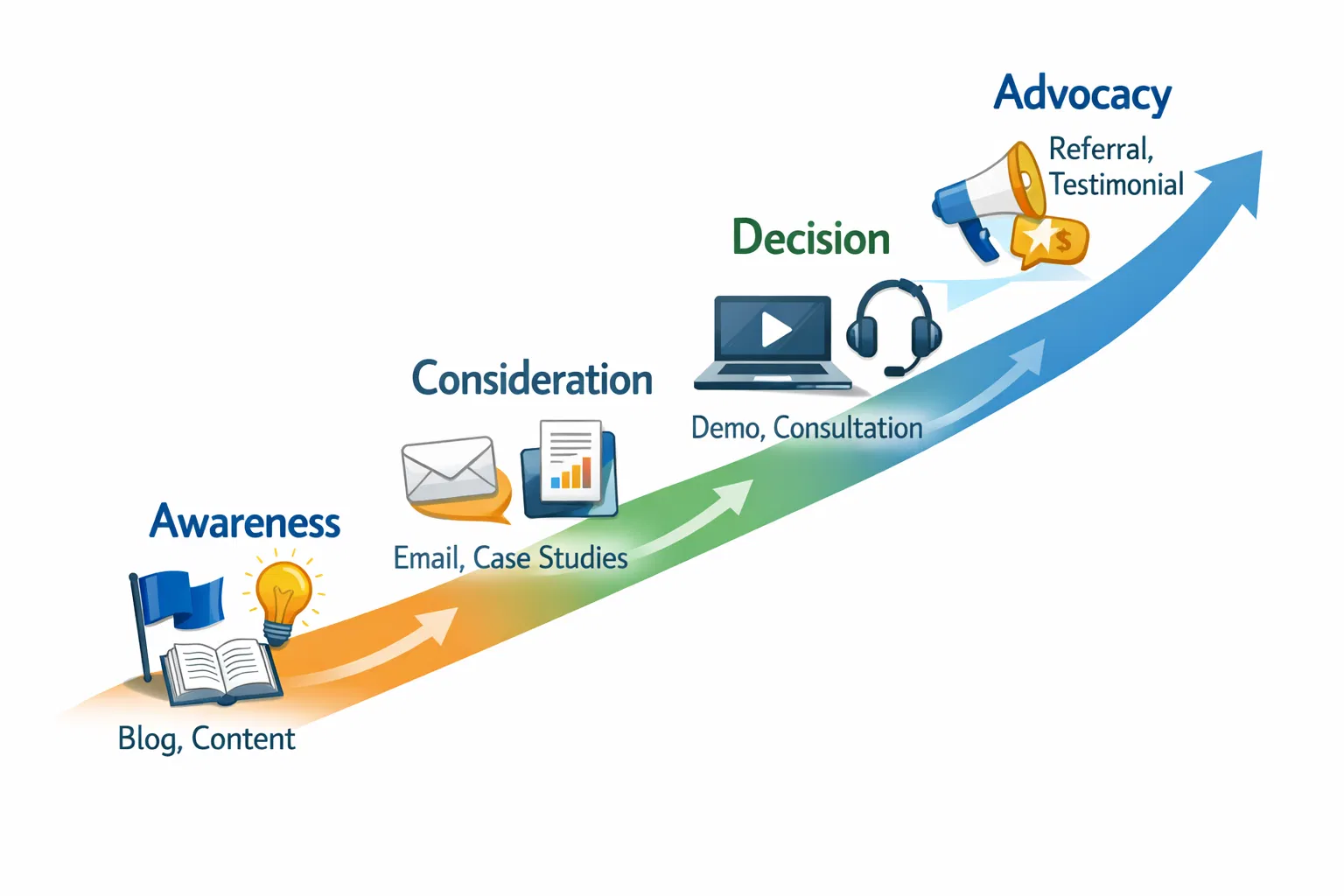 Jornada do cliente mostrando Awareness, Consideration, Decision, Advocacy