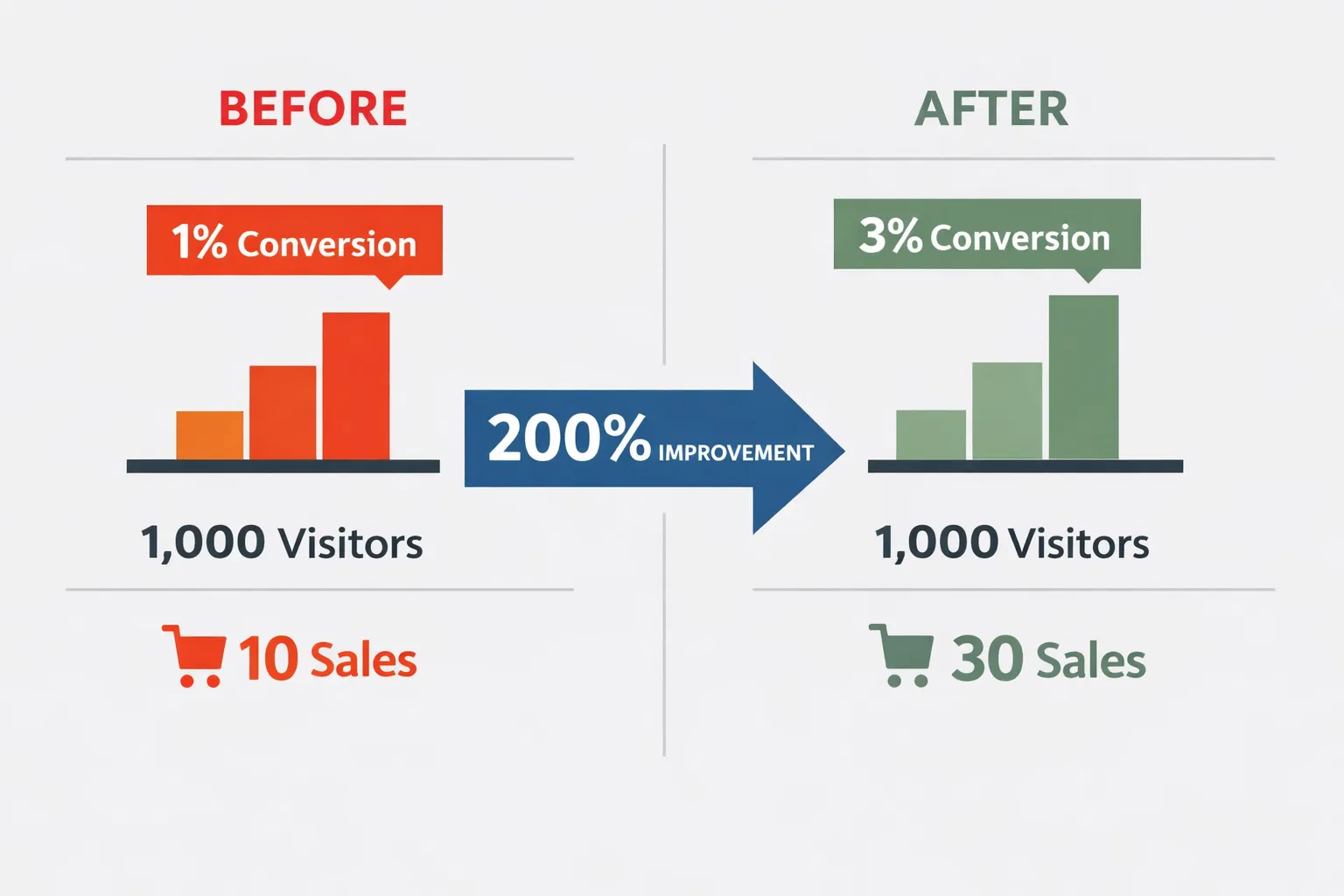 Comparação antes e depois de otimização de conversão