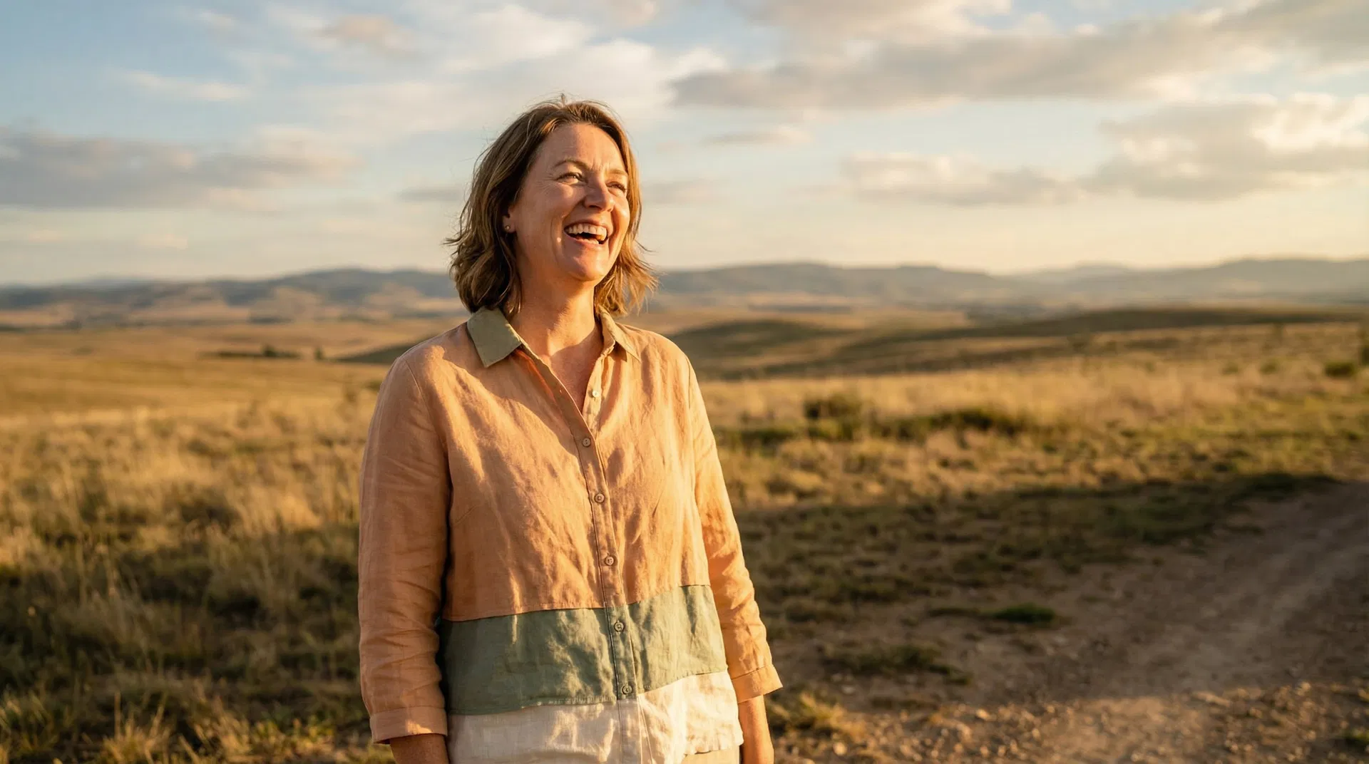 Woman laughing freely in golden hour landscape