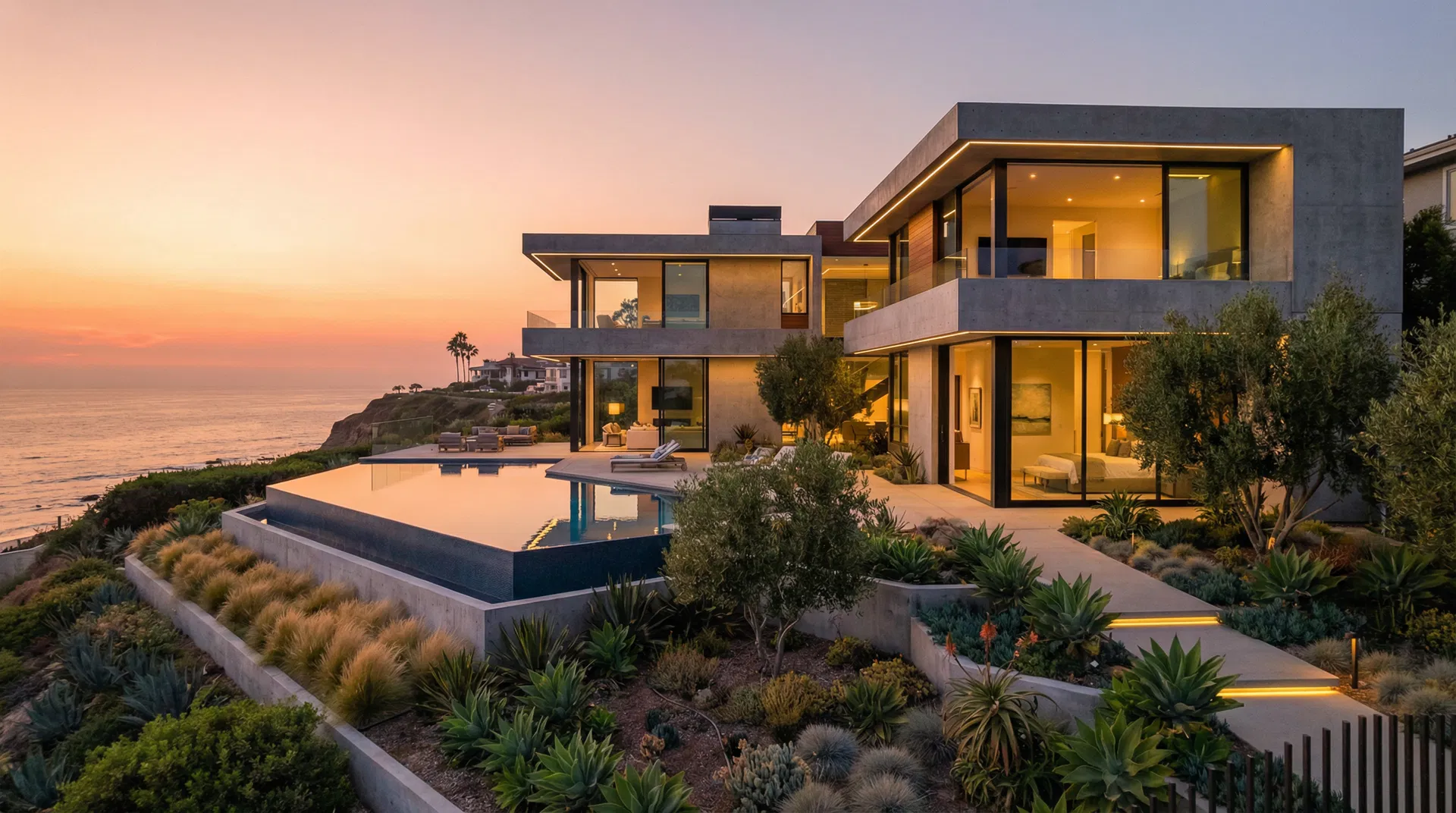 Luxury San Diego home at sunset with ocean views