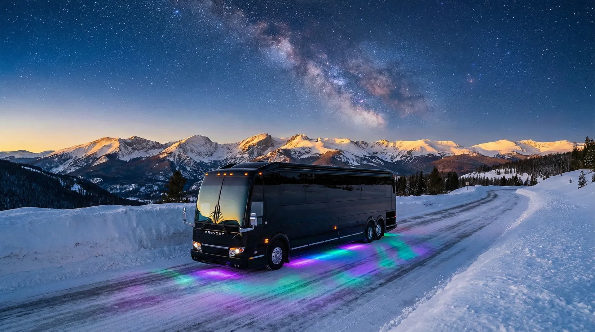 Tour bus in Colorado Rockies winter with Milky Way