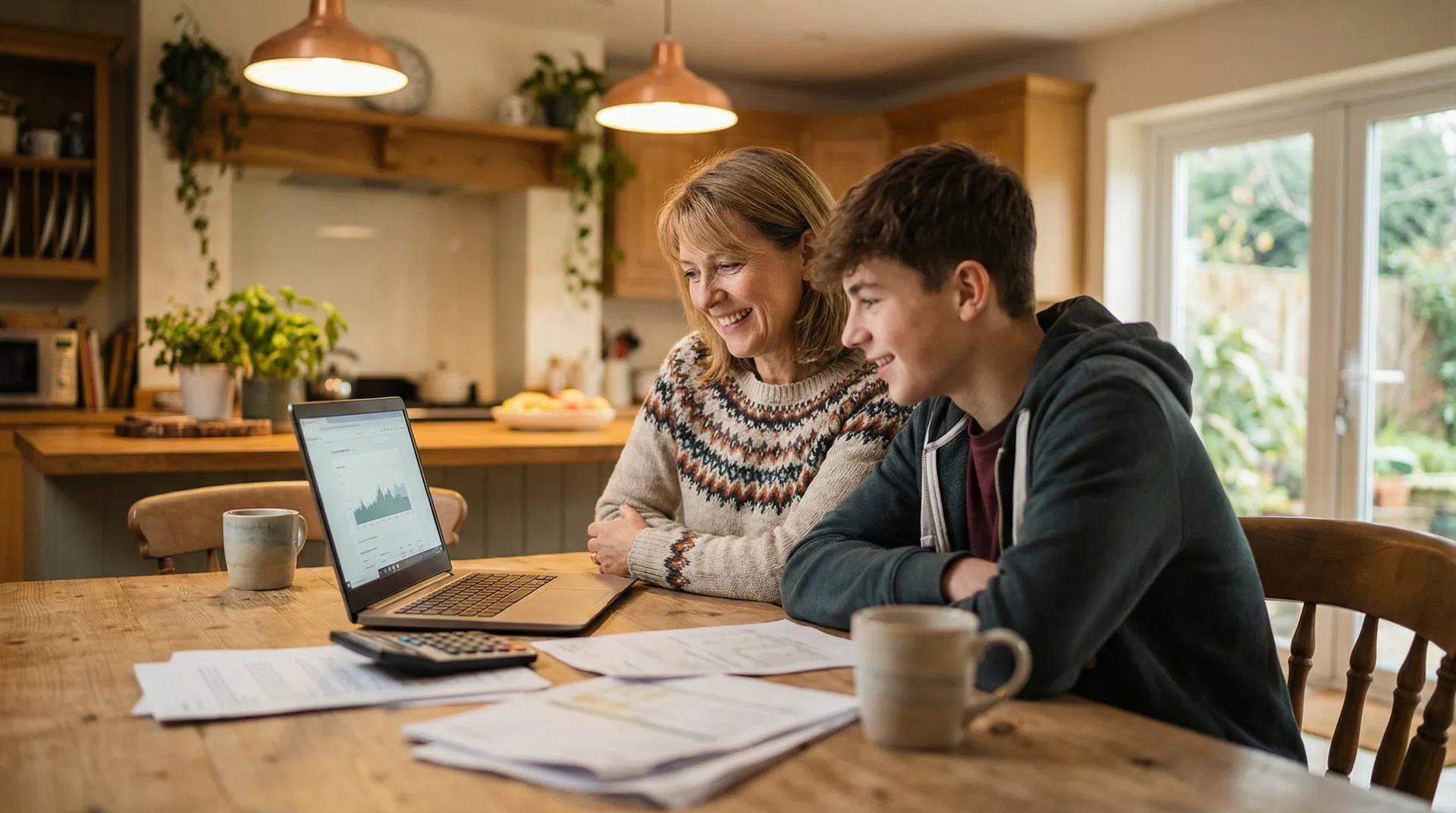 Family reviewing college costs and financial aid letters together at kitchen table