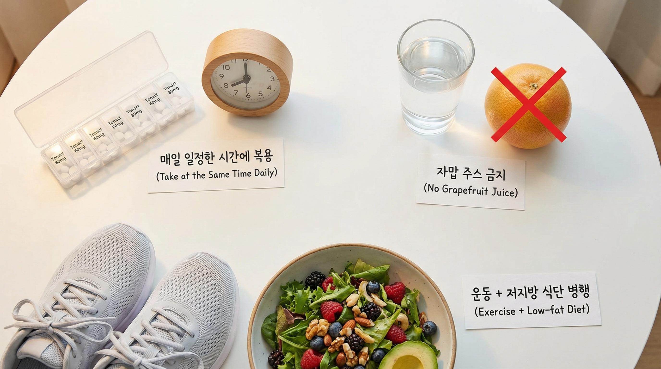 매일 일정한 시간 복용 및 자몽 주스 섭취 금지를 알리는 생활 습관 인포그래픽
