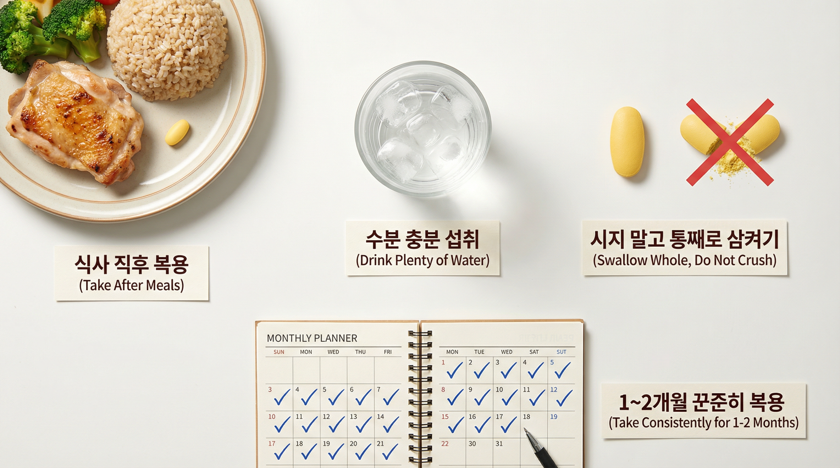 식후 복용, 수분 섭취, 알약 통째로 삼키기를 알리는 생활 습관 인포그래픽