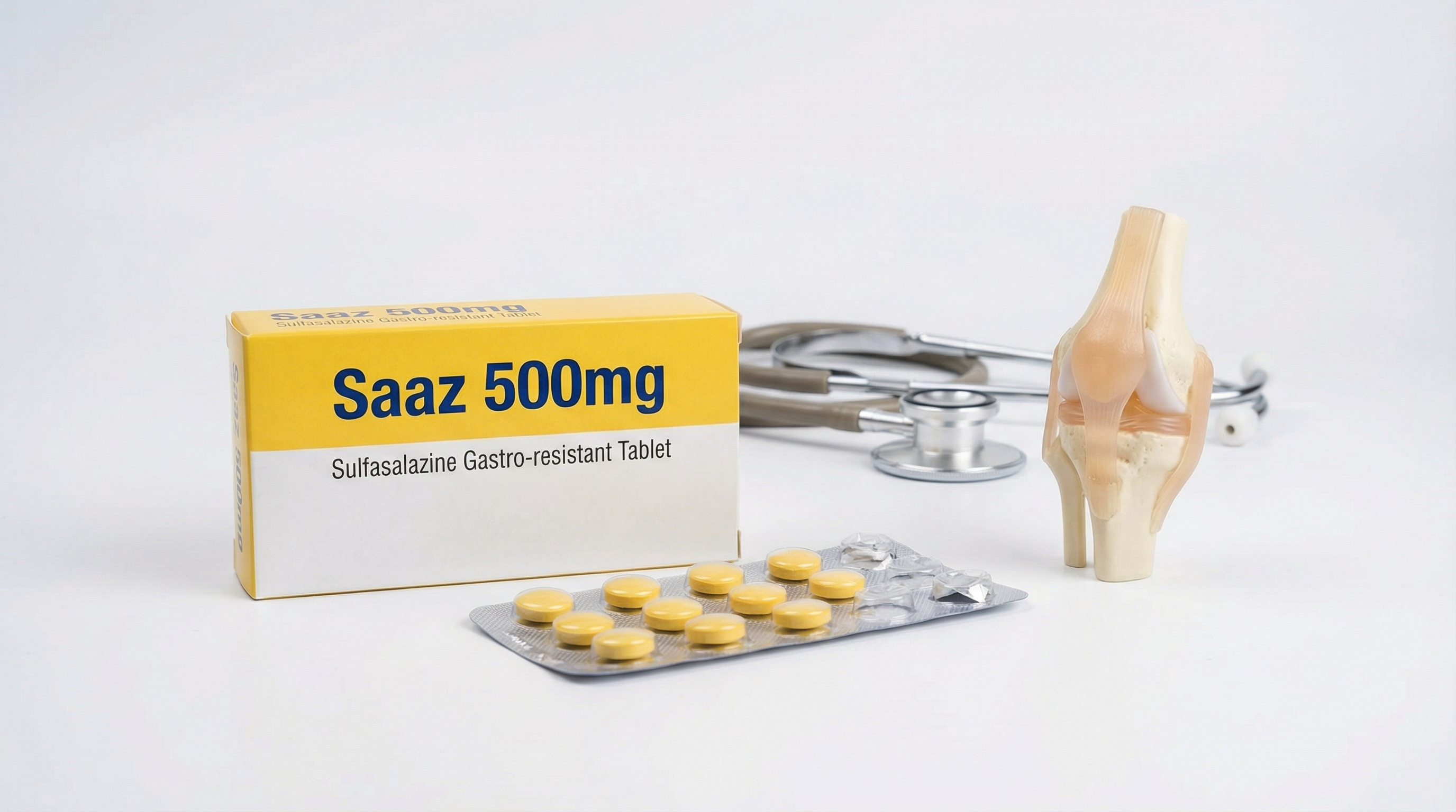 사즈 500mg 패키지와 알약의 모습. 류마티스 관절염 관리의 든든한 동반자입니다.