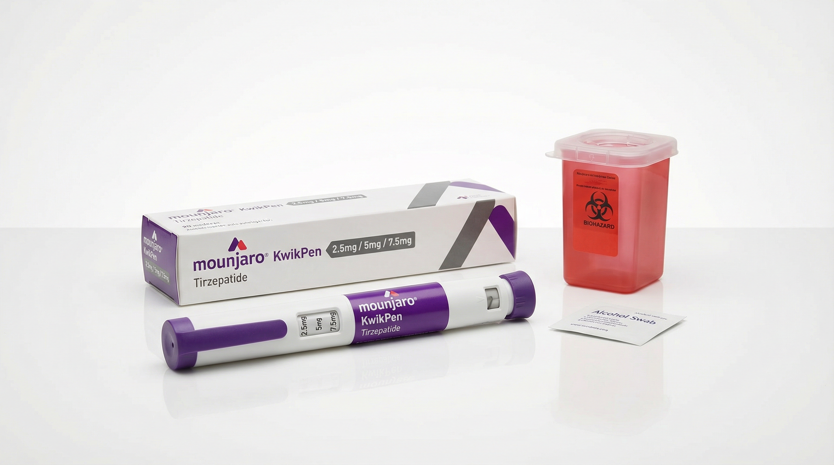 마운자로 퀵펜 패키지와 펜 형태의 주사기 이미지. 세련되고 사용하기 편리한 디자인이 특징입니다.