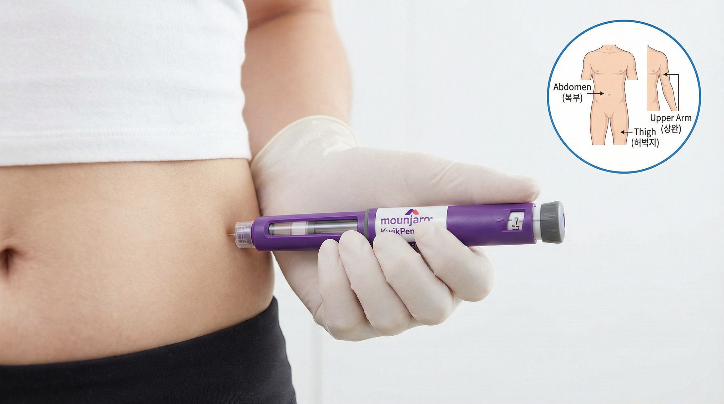 마운자로 퀵펜을 복부 피하 지방에 주사하는 올바른 자세와 주사 부위 안내 이미지