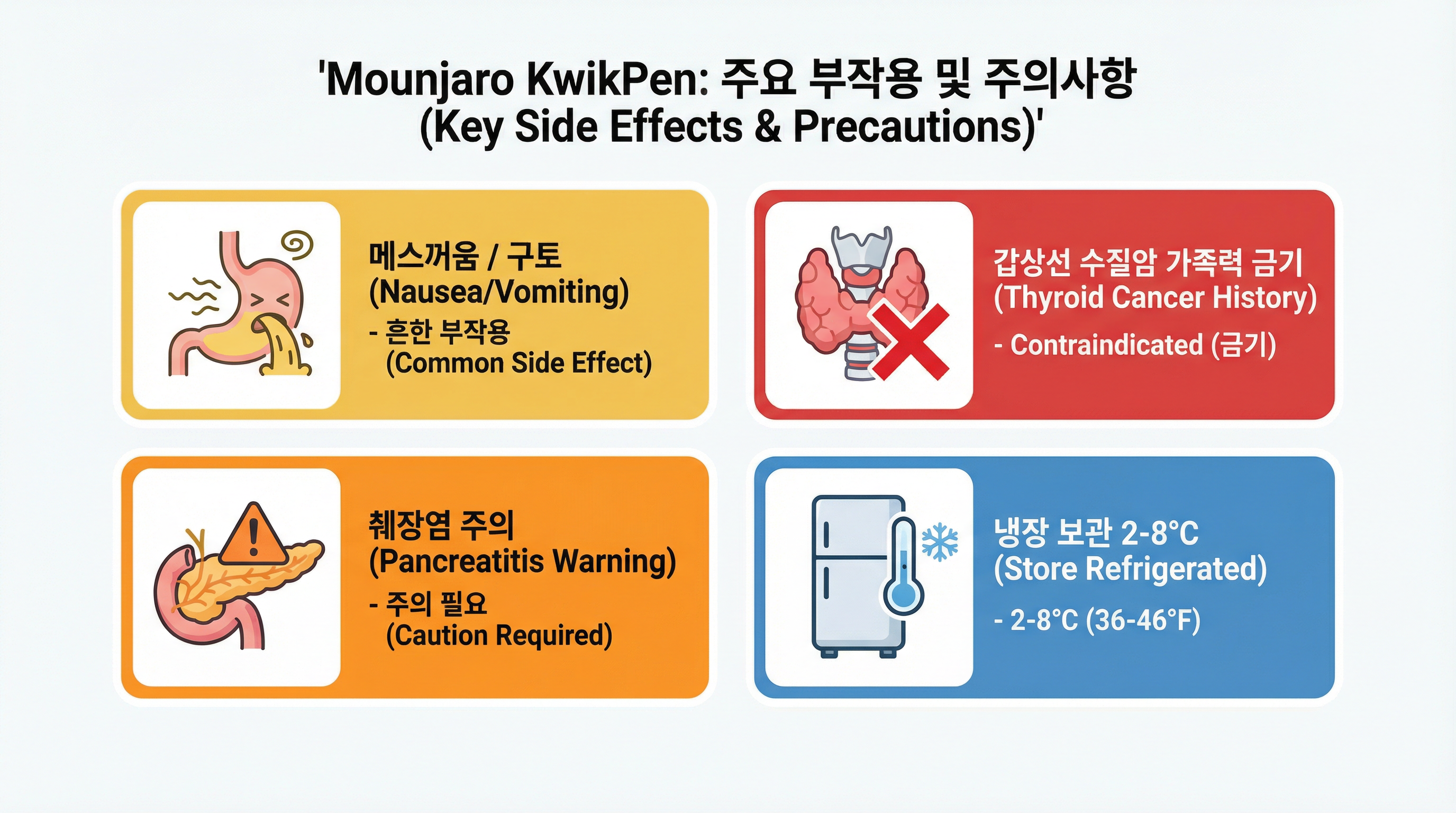 메스꺼움, 소화불량 등 위장관 부작용 주의 및 갑상선 질환자 금기 경고 인포그래픽