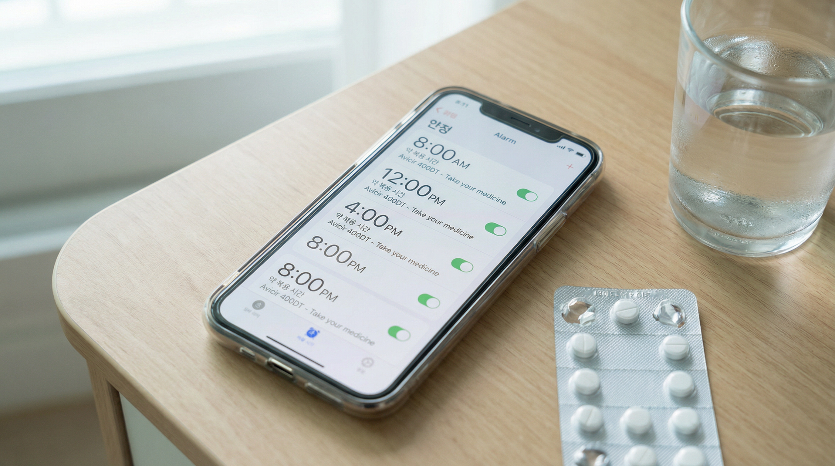 하루 3~5회 아시버를 규칙적으로 복용하기 위해 스마트폰 알람을 설정한 모습
