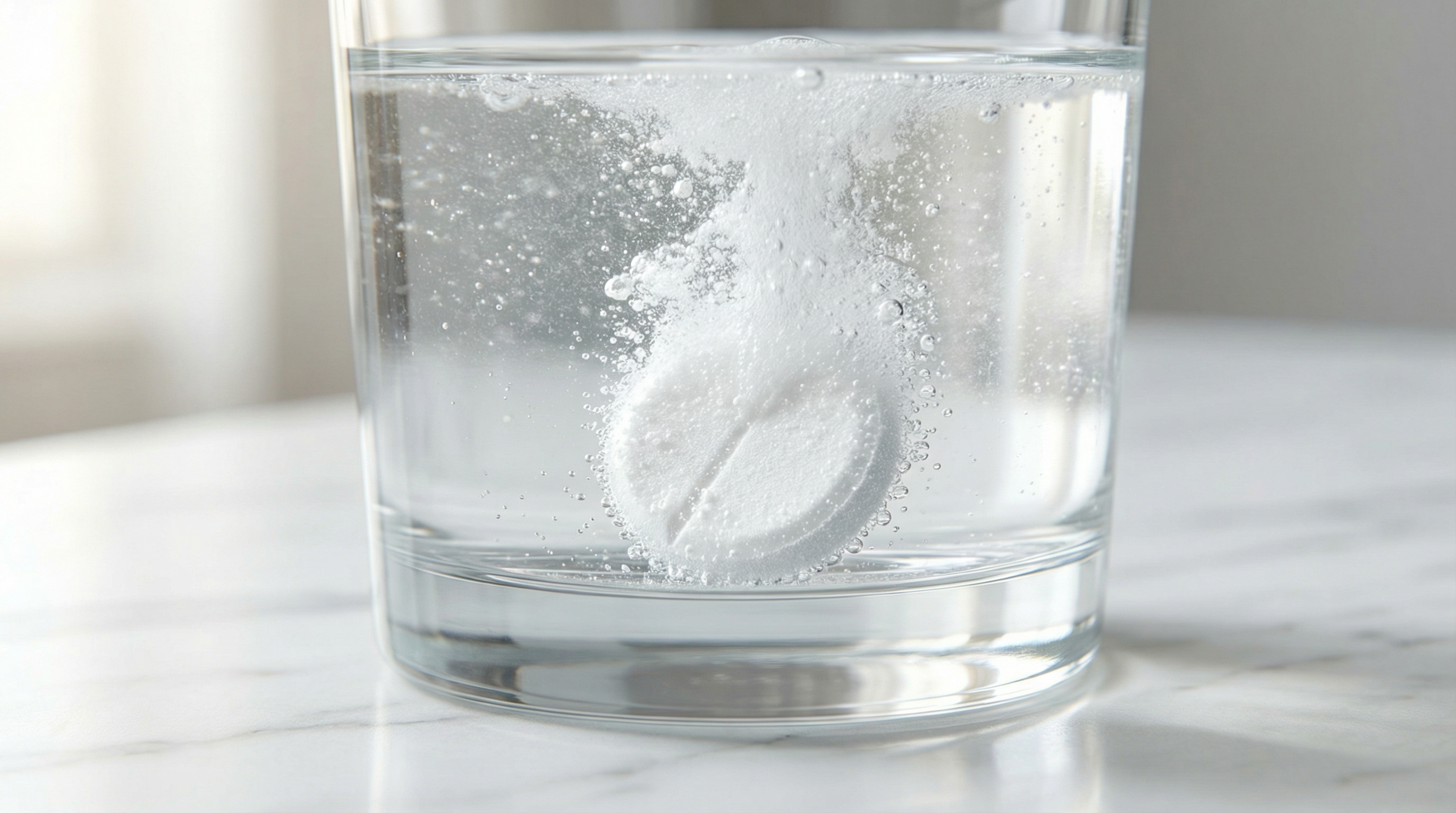 컵 속의 물에 알약이 빠르게 녹아드는 아시버-400DT 분산정 제형