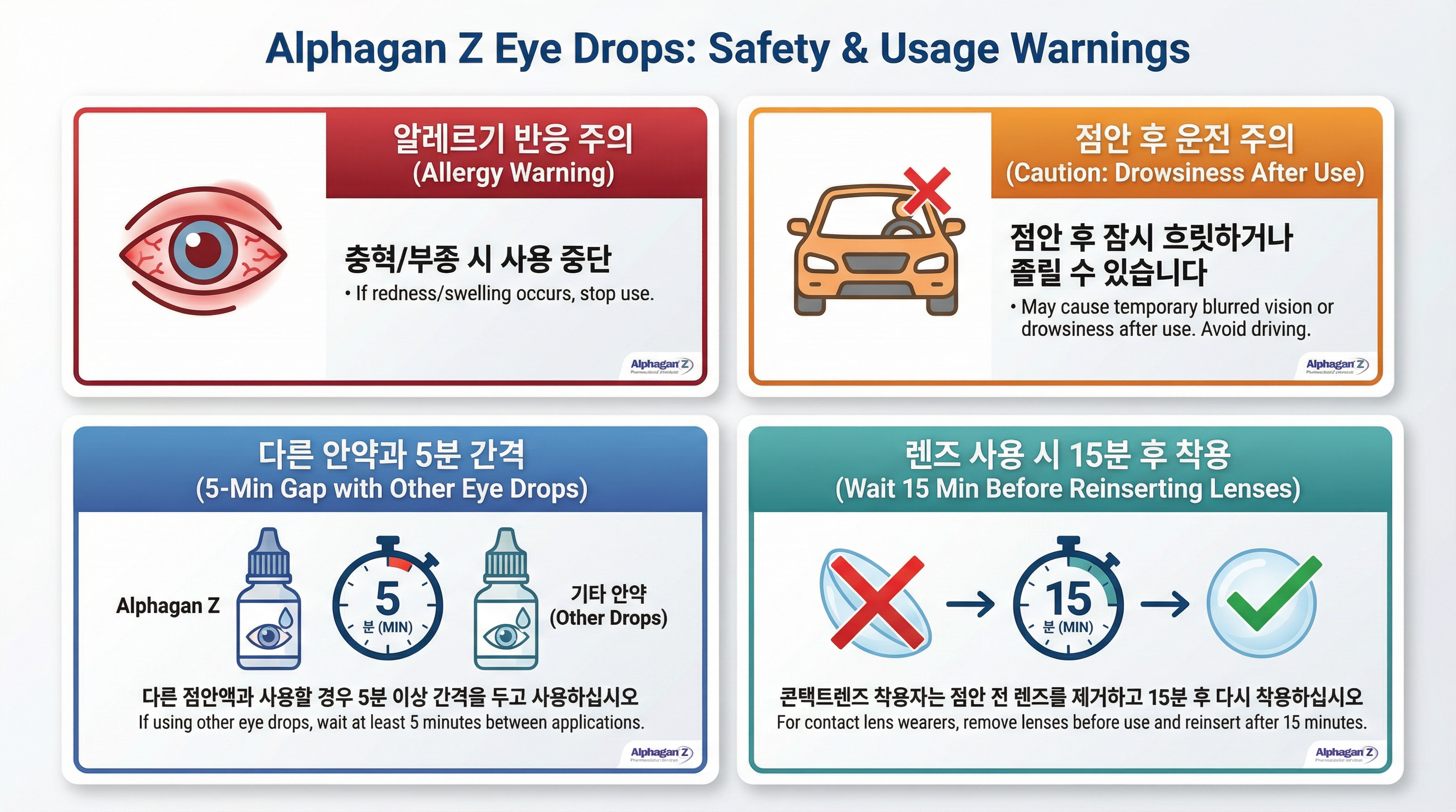 알파간z(alphagan z) 소리 없는 시력 도둑 '녹내장' 방어막 5 눈 충혈, 졸음 주의, 5분 간격 점안 등 주요 주의사항을 알리는 경고 인포그래픽