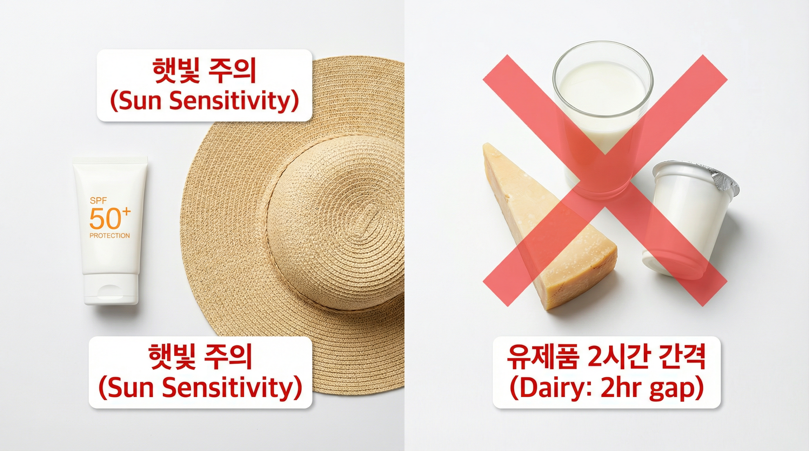 누독시(nudoxy) 100mg 효능·복용법 | 독시사이클린 여드름 항생제 17 자외선 차단제를 바르는 모습과 유제품 섭취 주의를 알리는 이미지