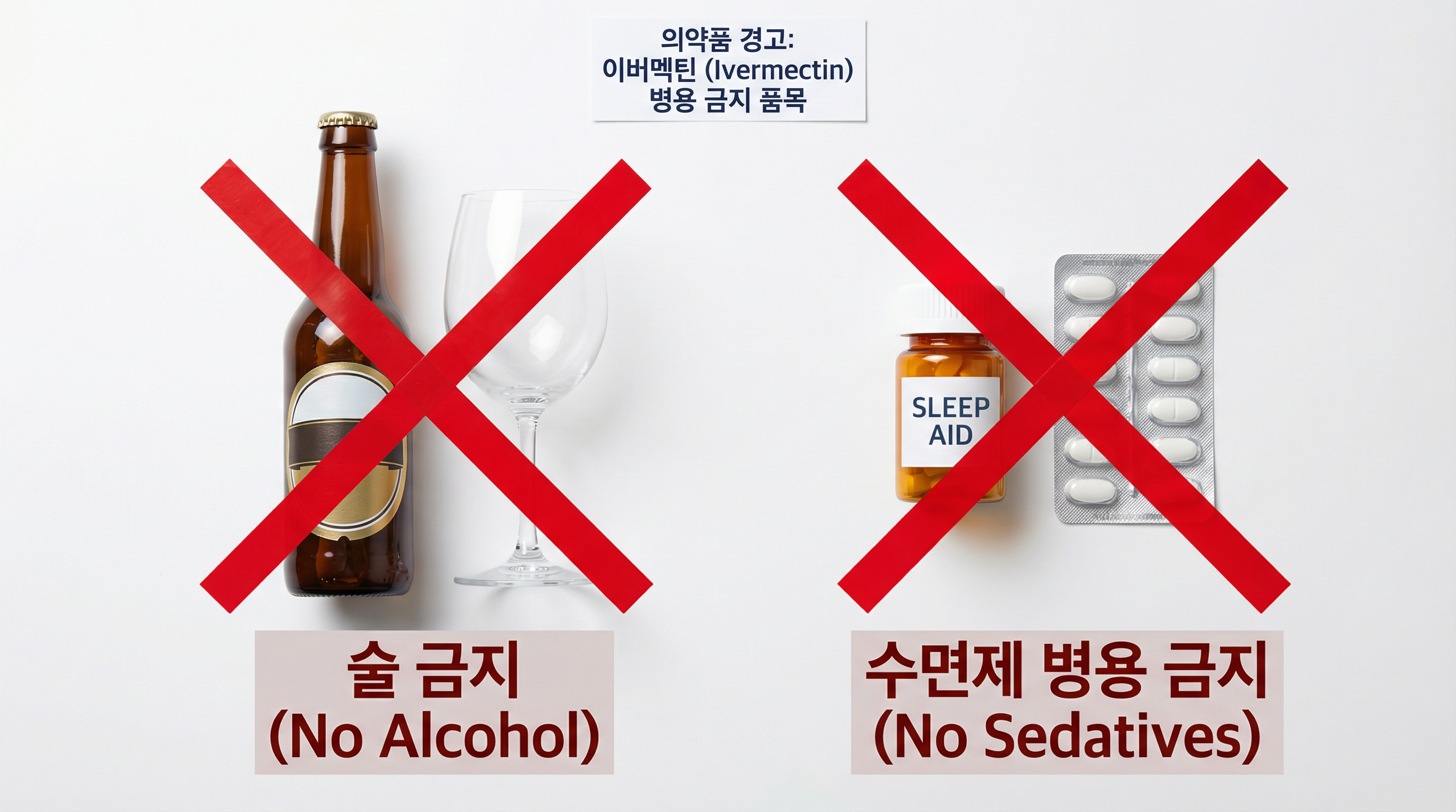 이브코프(ivecop) 12mg 효능·복용법 | 이버멕틴 구충제 옴 모낭충 치료 17 술과 수면제 등 병용 금기 약물을 표시한 경고 이미지