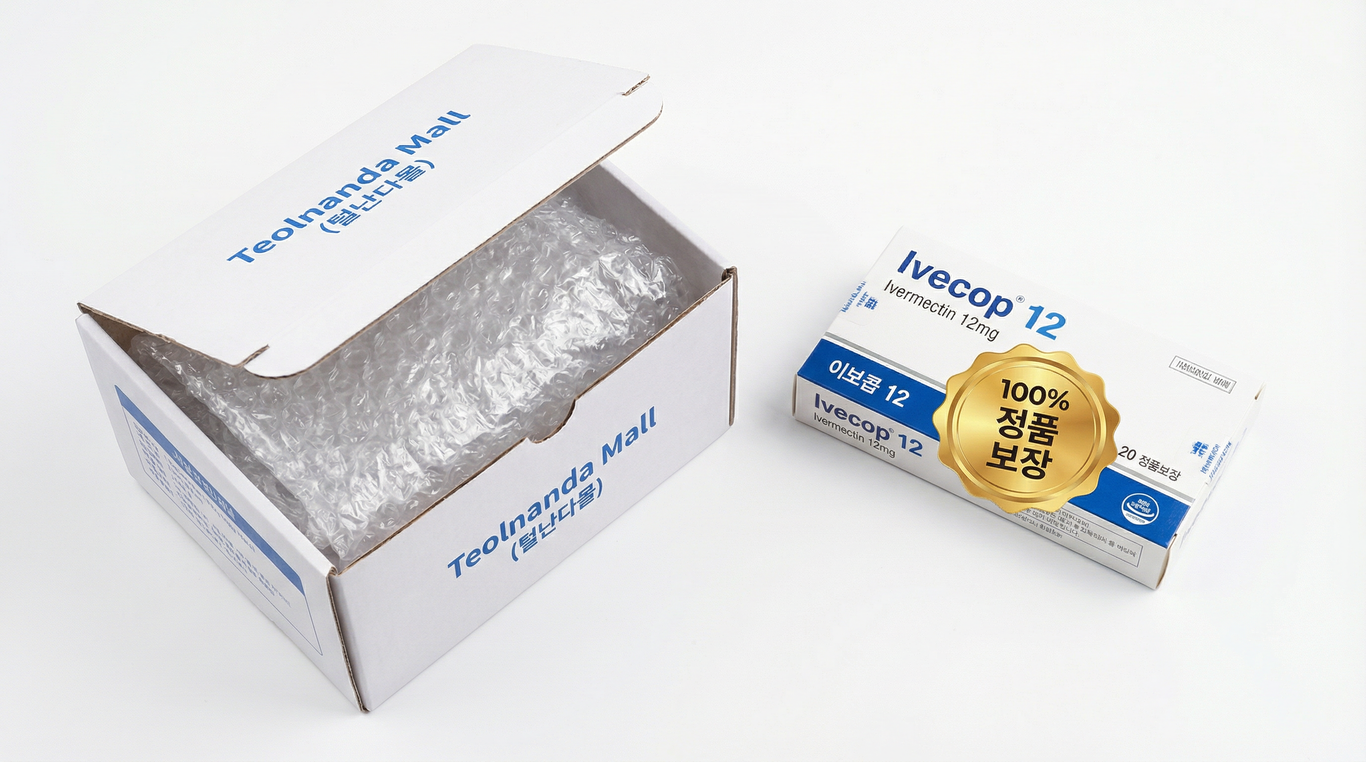 이브코프(ivecop) 12mg 효능·복용법 | 이버멕틴 구충제 옴 모낭충 치료 18 털난다몰의 안전한 배송 박스와 이브코프 12mg 제품 패키지 - 100% 정품 보장