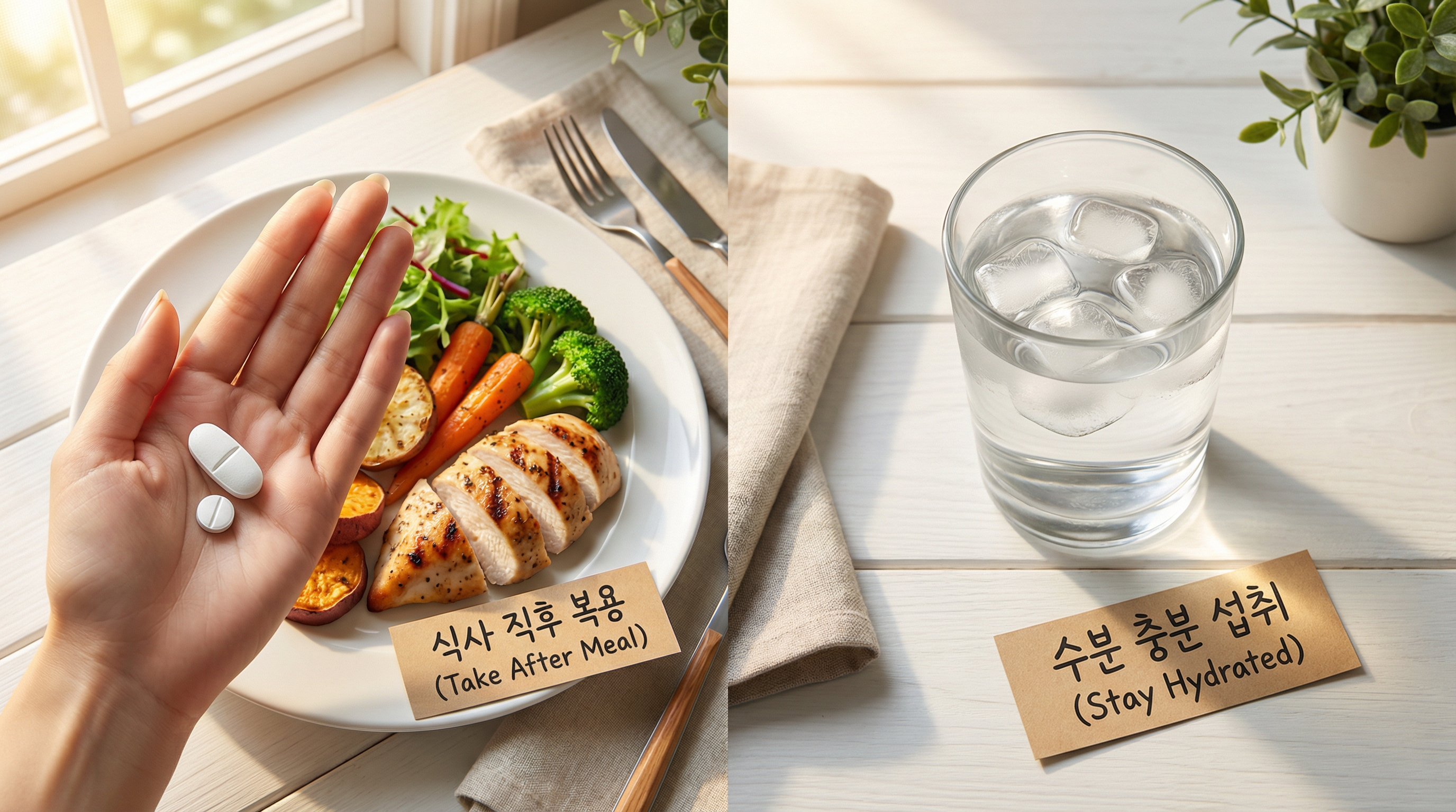 지방이 포함된 식사와 함께 복합 구충제를 복용하고 물을 충분히 마시는 모습