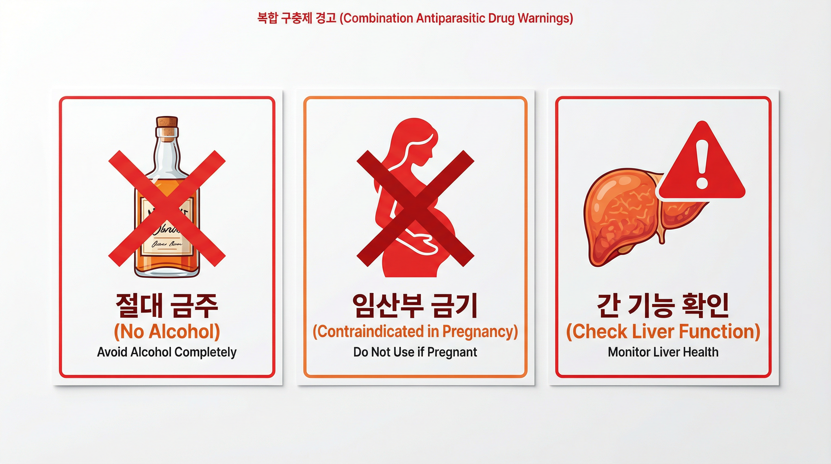 술과 수면제 병용 금지를 알리는 경고 이미지와 간 기능 주의 안내