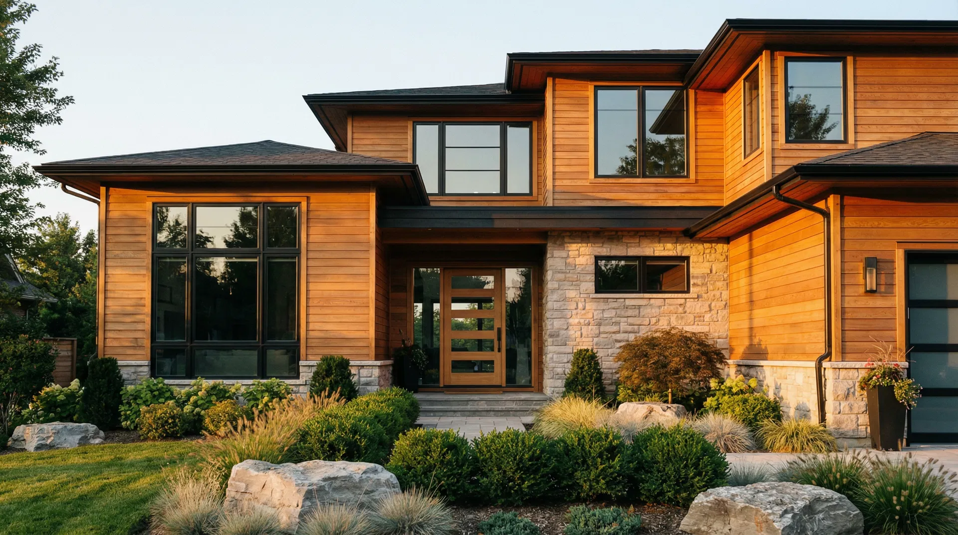 Modern home renovation with warm wood siding and stone accents