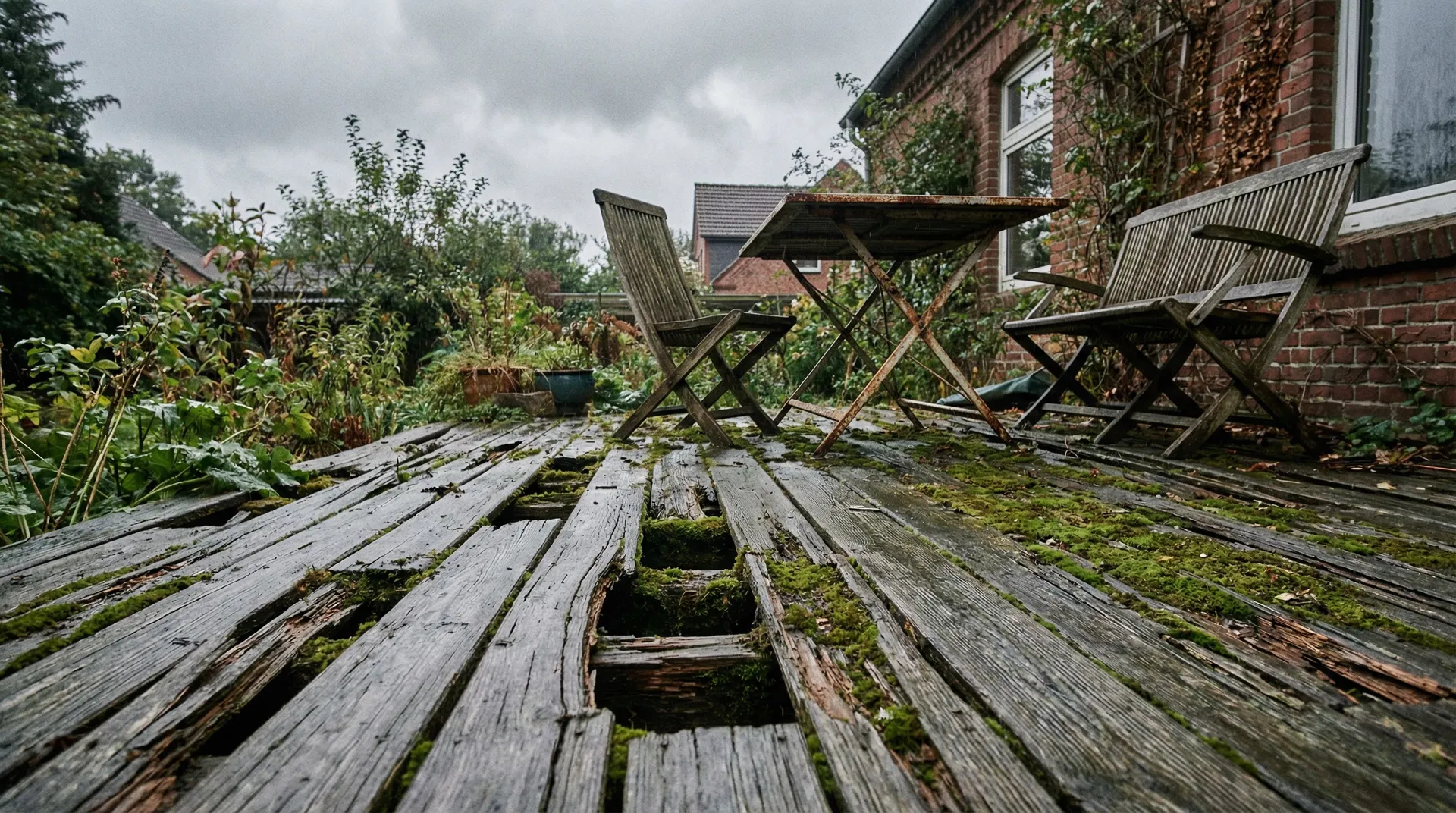 Verwitterte Holzterrasse mit Moos vorher in Hamburg Volksdorf