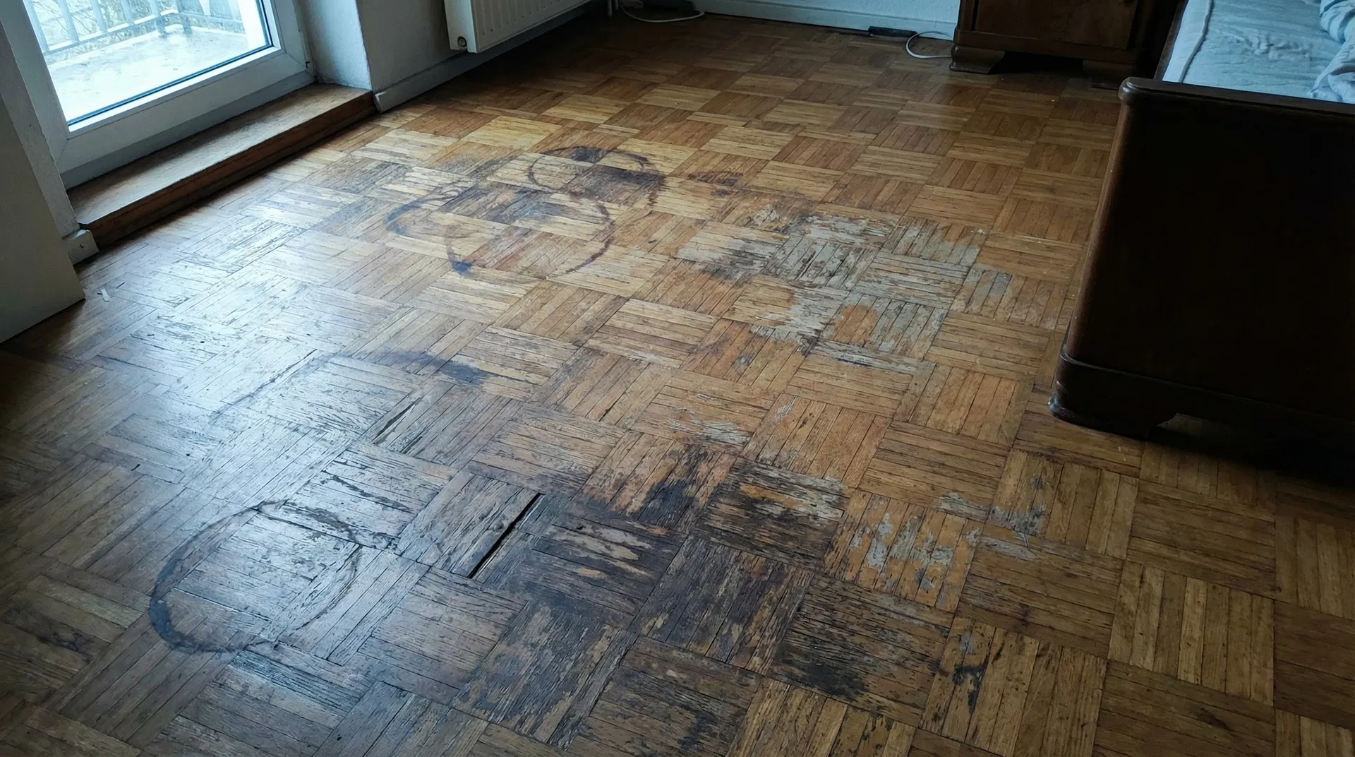 Verblasstes Eichenparkett im Schlafzimmer vorher in Hamburg Harvestehude