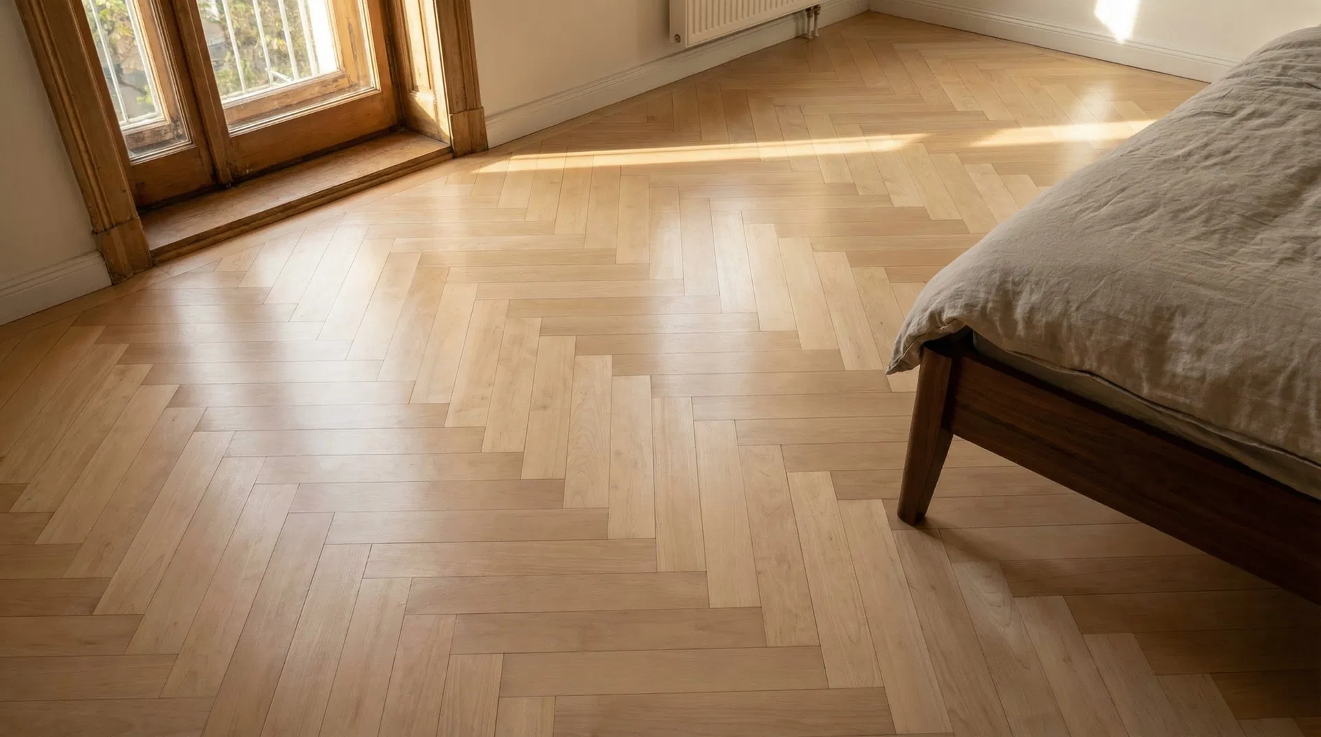 Frisch geöltes Eichenparkett im Schlafzimmer nachher in Hamburg Harvestehude