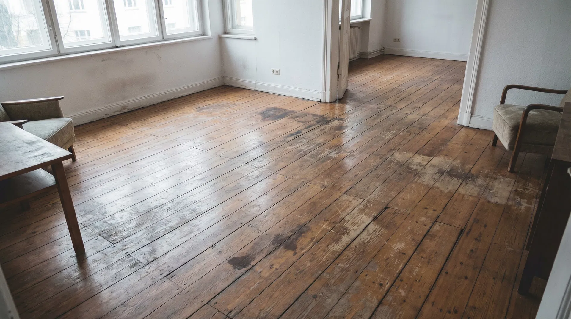 Abgenutztes Eichenparkett mit Kratzern vorher in Hamburg Eppendorf