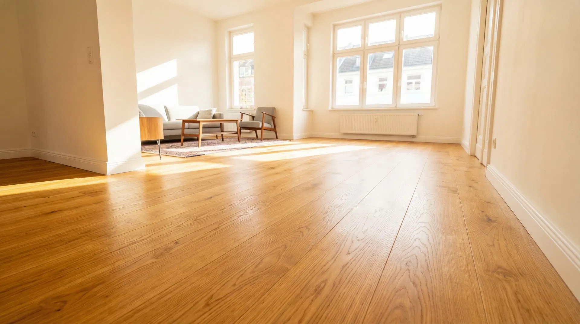 Frisch geschliffenes und versiegeltes Eichenparkett nachher in Hamburg Eppendorf