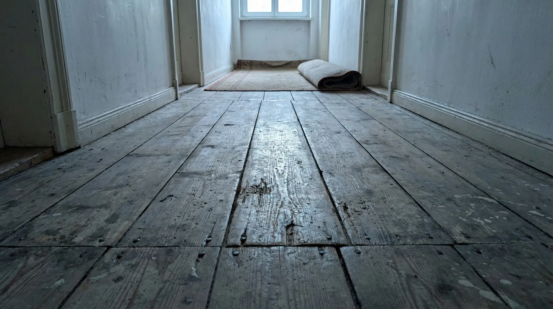 Abgenutzte Kieferndielen im Flur vorher in Hamburg Eimsbüttel