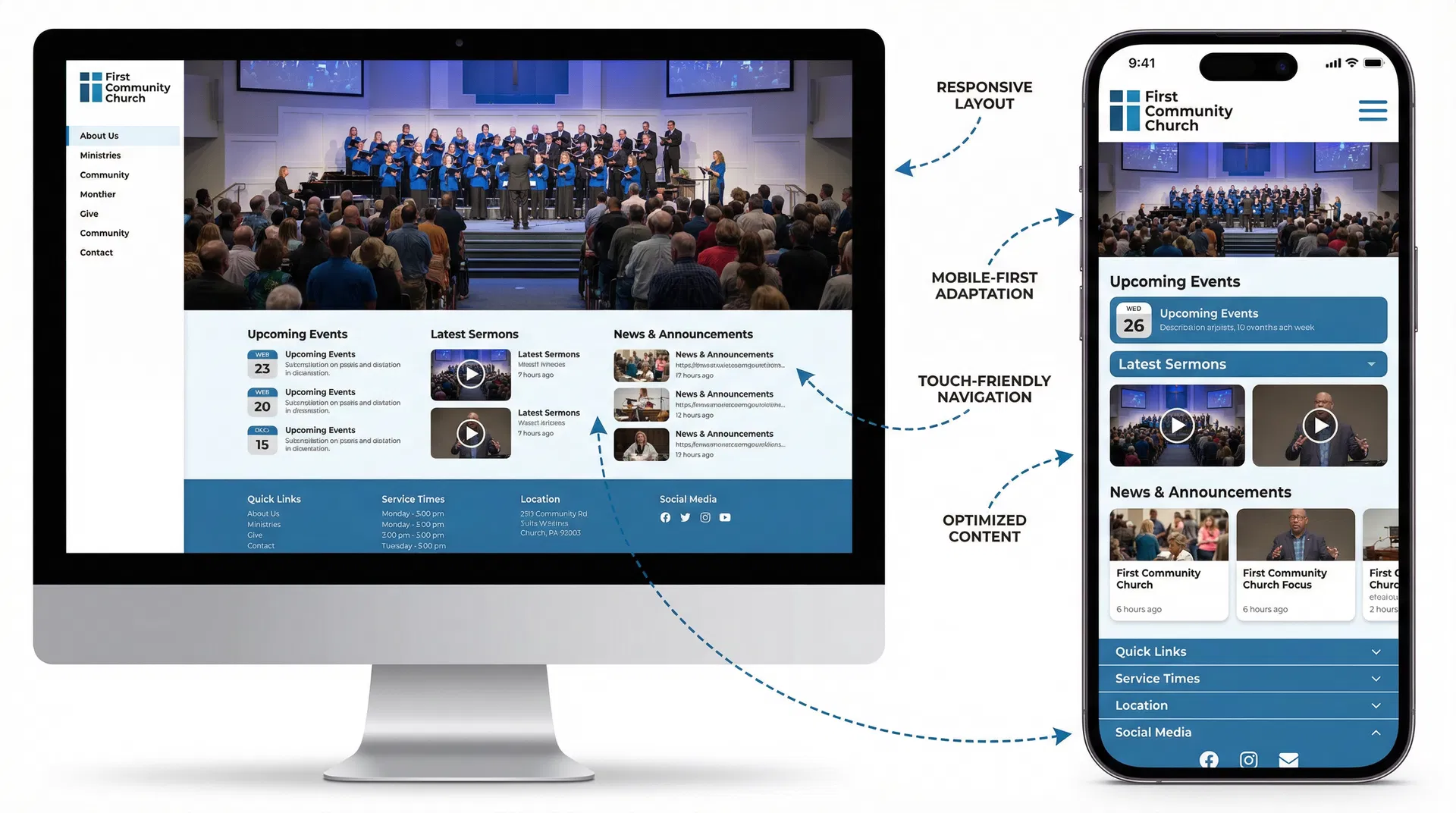 Split-screen comparison showing desktop and mobile versions of a church website demonstrating responsive design