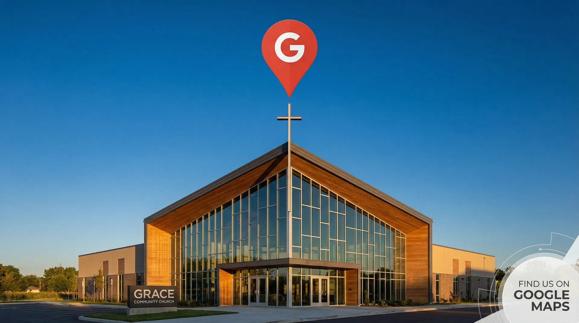 Modern church building with Google Maps location pin symbolizing visibility on Google Business Profile