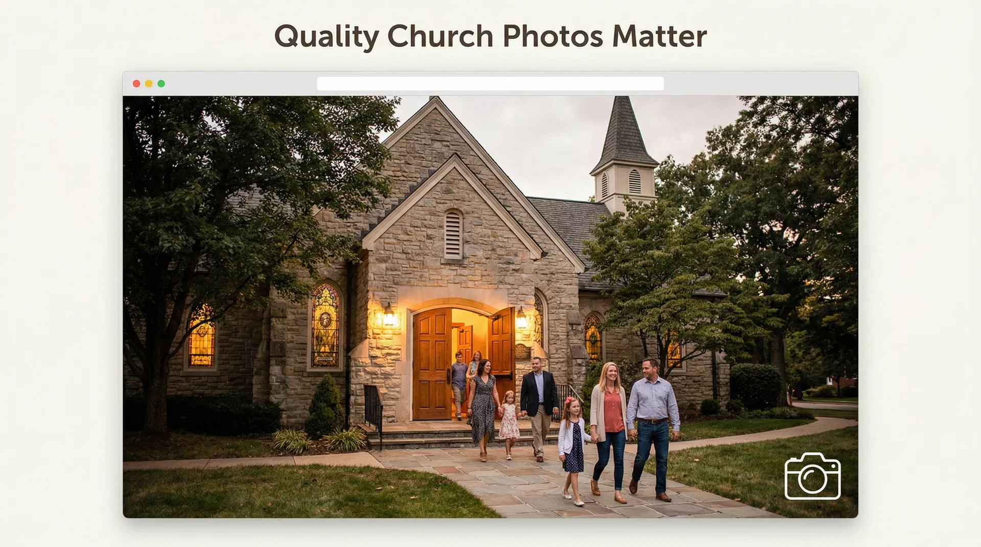 Welcoming church exterior with families entering, demonstrating importance of quality photos for Google Business Profile