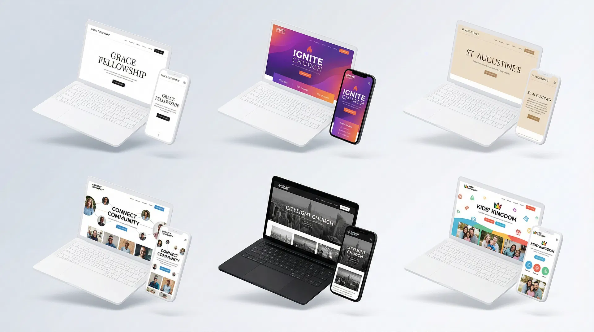 Grid of diverse church website designs showing modern minimalist, bold contemporary, traditional, and community-focused styles