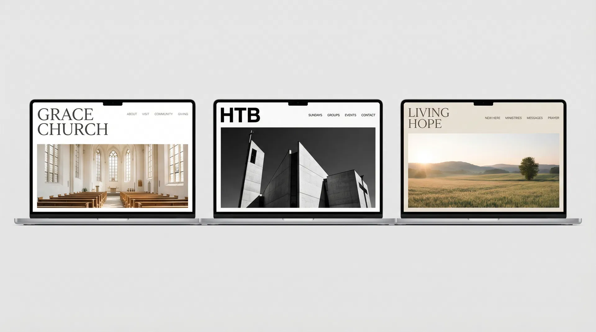Three modern minimalist church website designs showing clean layouts with generous white space