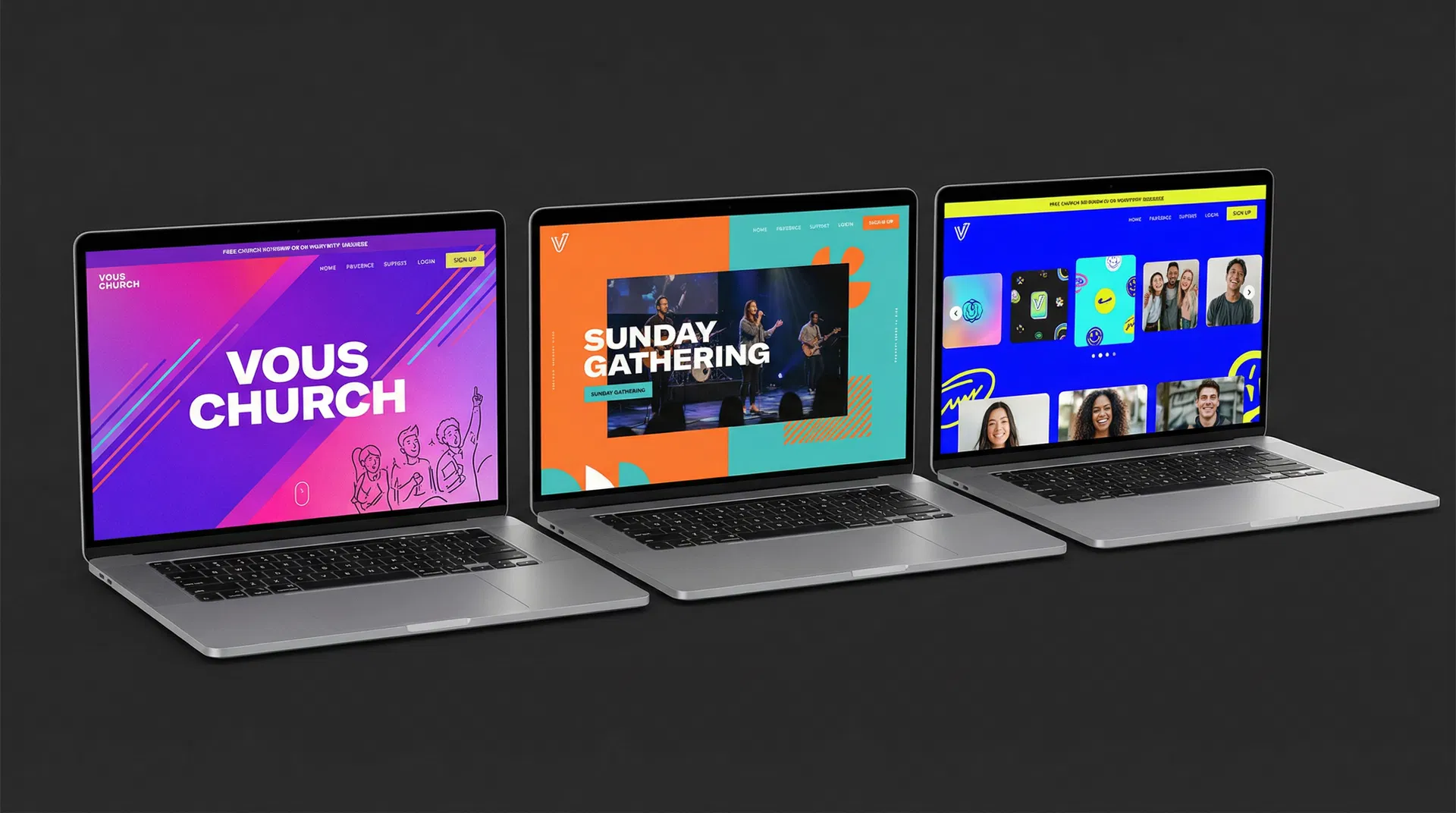 Three bold contemporary church website designs with vibrant colors and dynamic layouts