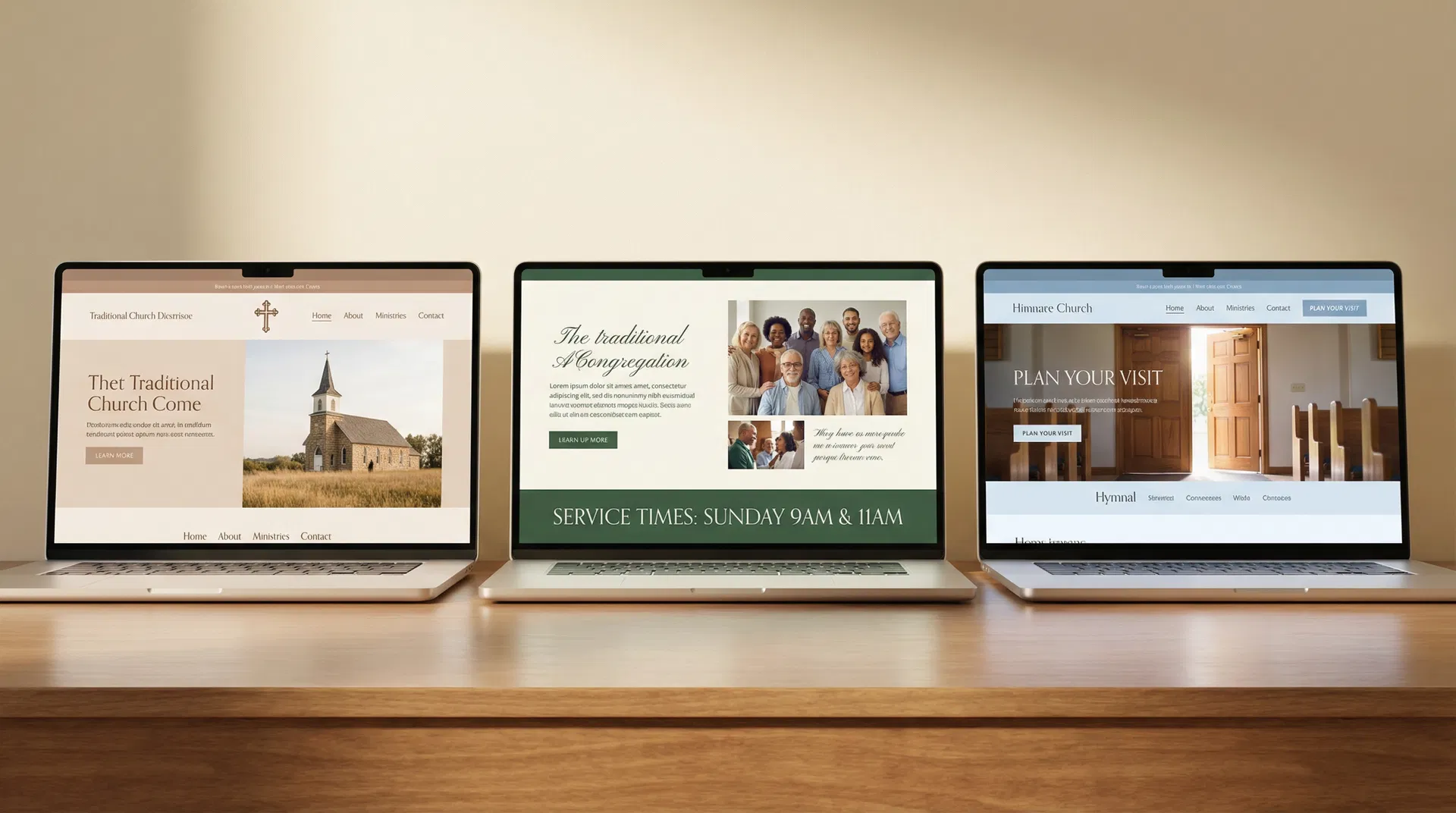 Three traditional welcoming church website designs with warm tones and pastoral imagery
