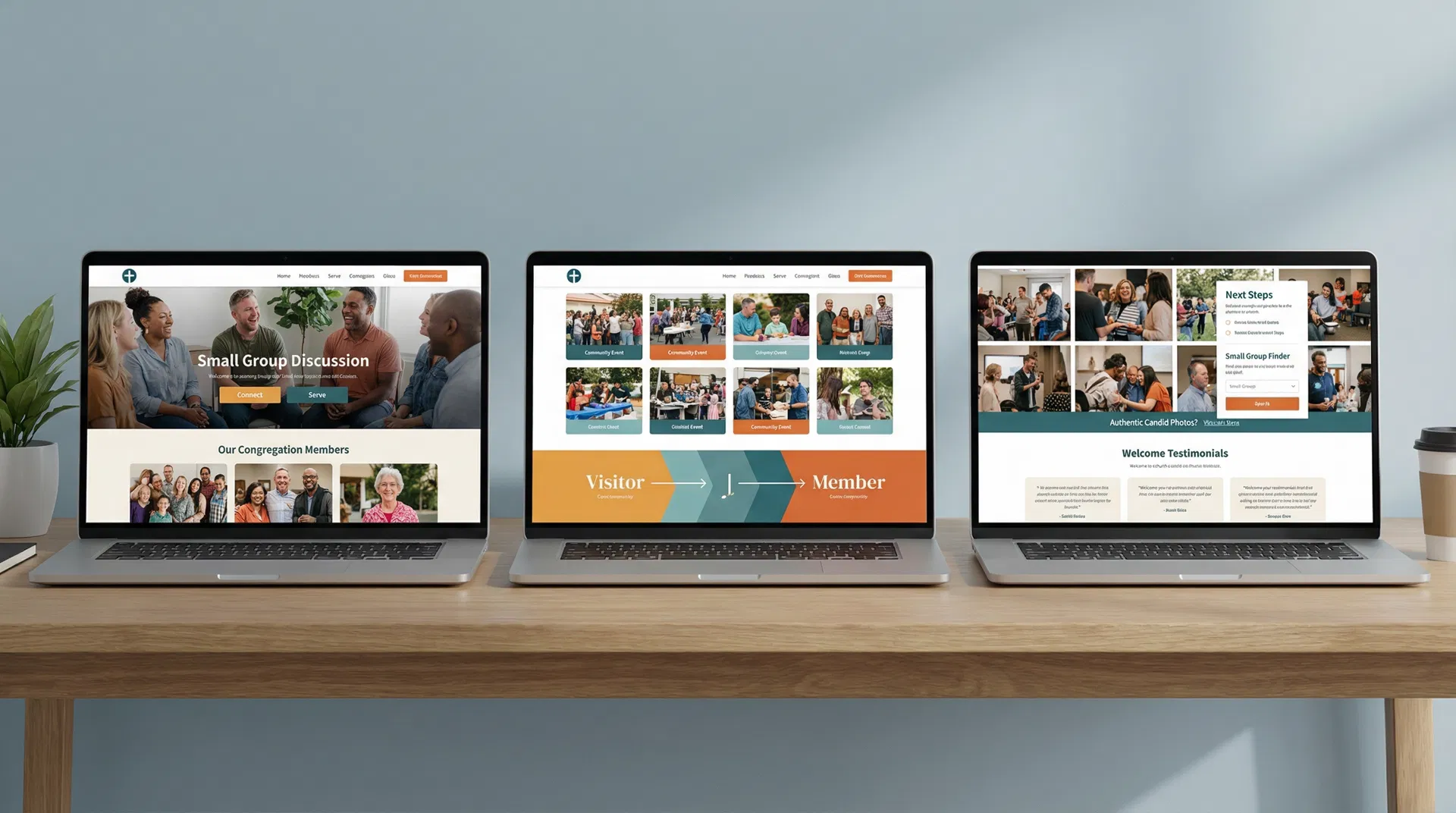 Three community-focused church website designs emphasizing people and connection pathways