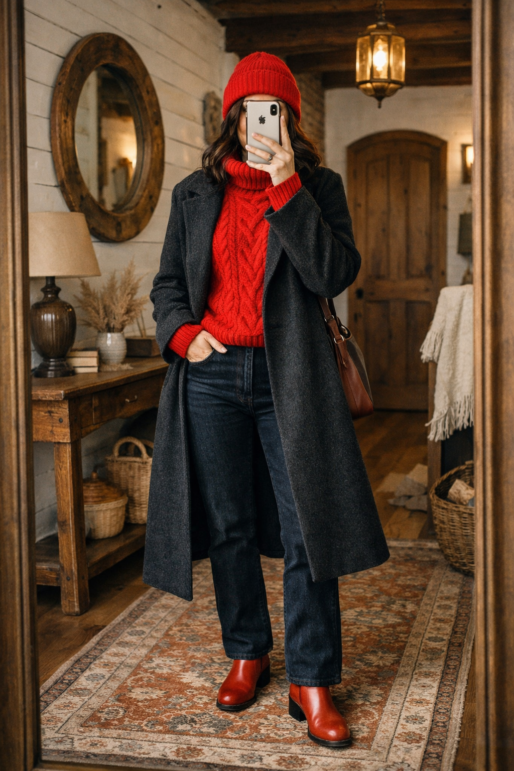 Pop of Red Winter Brunch Outfit