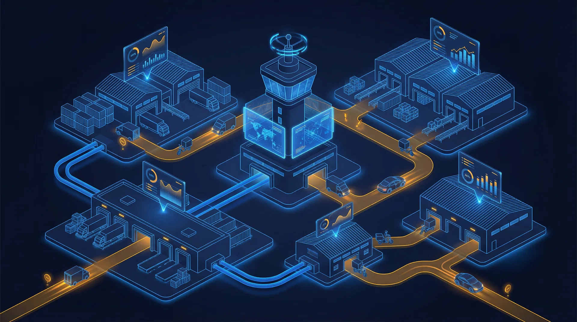Isometric illustration of a logistics command center with delivery routes, warehouses, and fleet operations across the MENA region