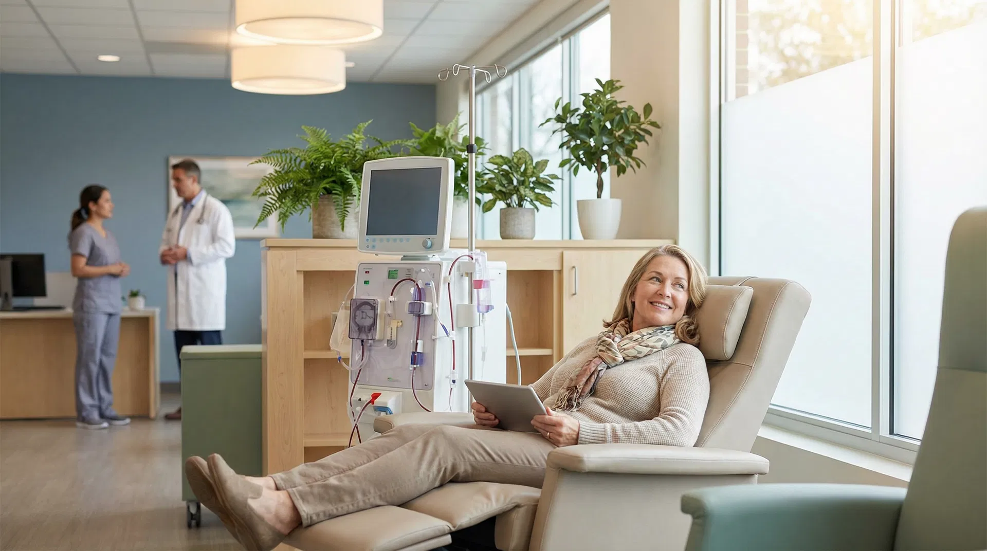 Paciente em hemodiálise sorrindo em clínica acolhedora